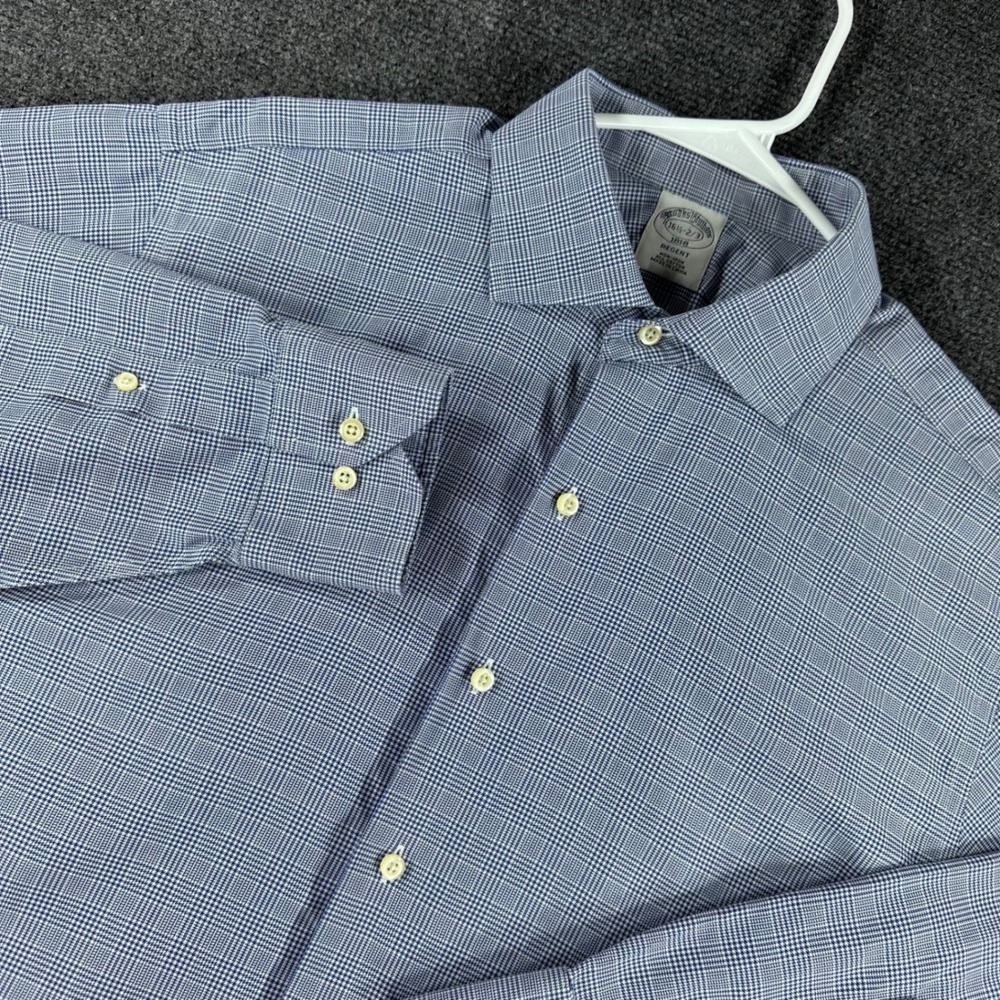 Brooks Brothers Dress Shirt Mens 16.5 16 1/2 Blue Regent Non-Iron Houndstooth
